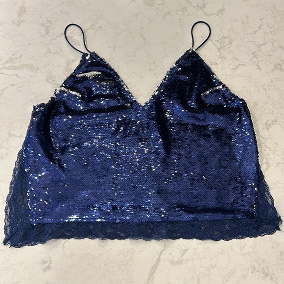 Free People Turn it On Swinging Sequins Lace Trimmed Tank Top Size Medium Blue - Picture 3 of 15